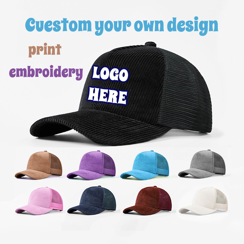 Corduroy Cap 5 Panel - Corduroy Mesh Sport Cap Custom Embroidery