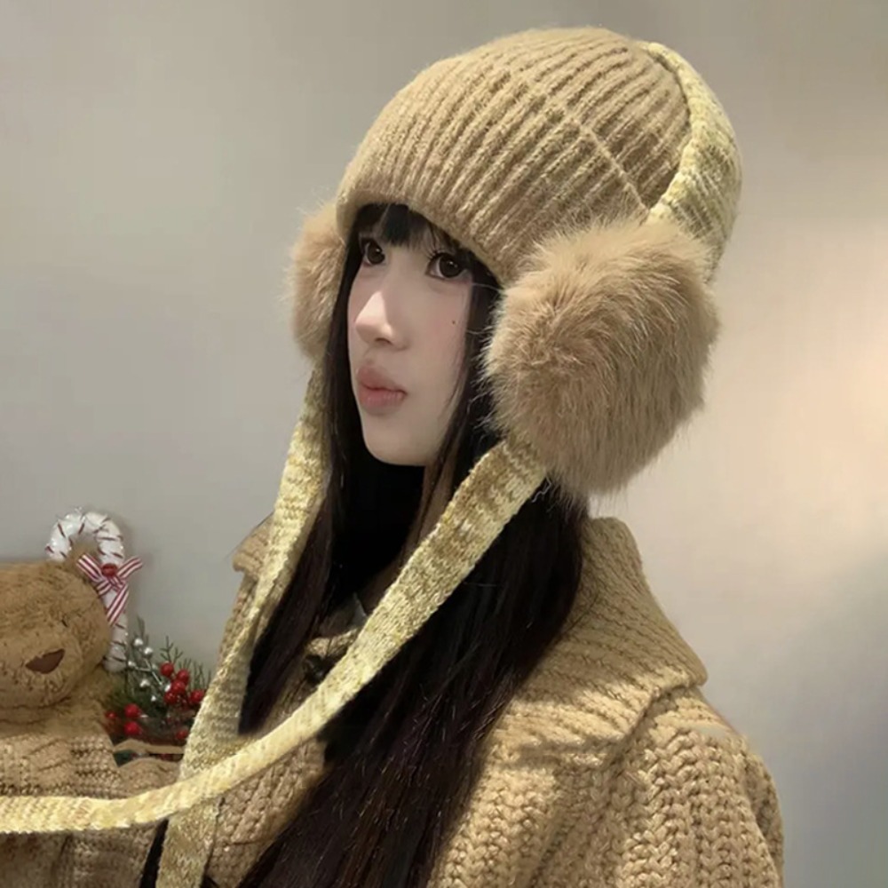 Beanie Cuffed Knit - Retro Knit Ear Flap Beanie Cuffed