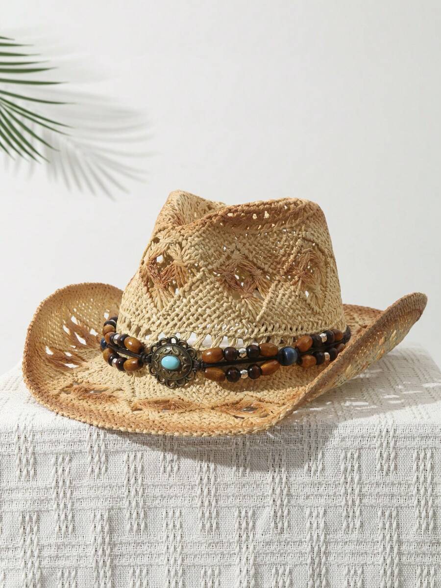 1Pcs Unisex Bead Decor Dyeing  - đánh giá và giá Cowboy Hat Straw